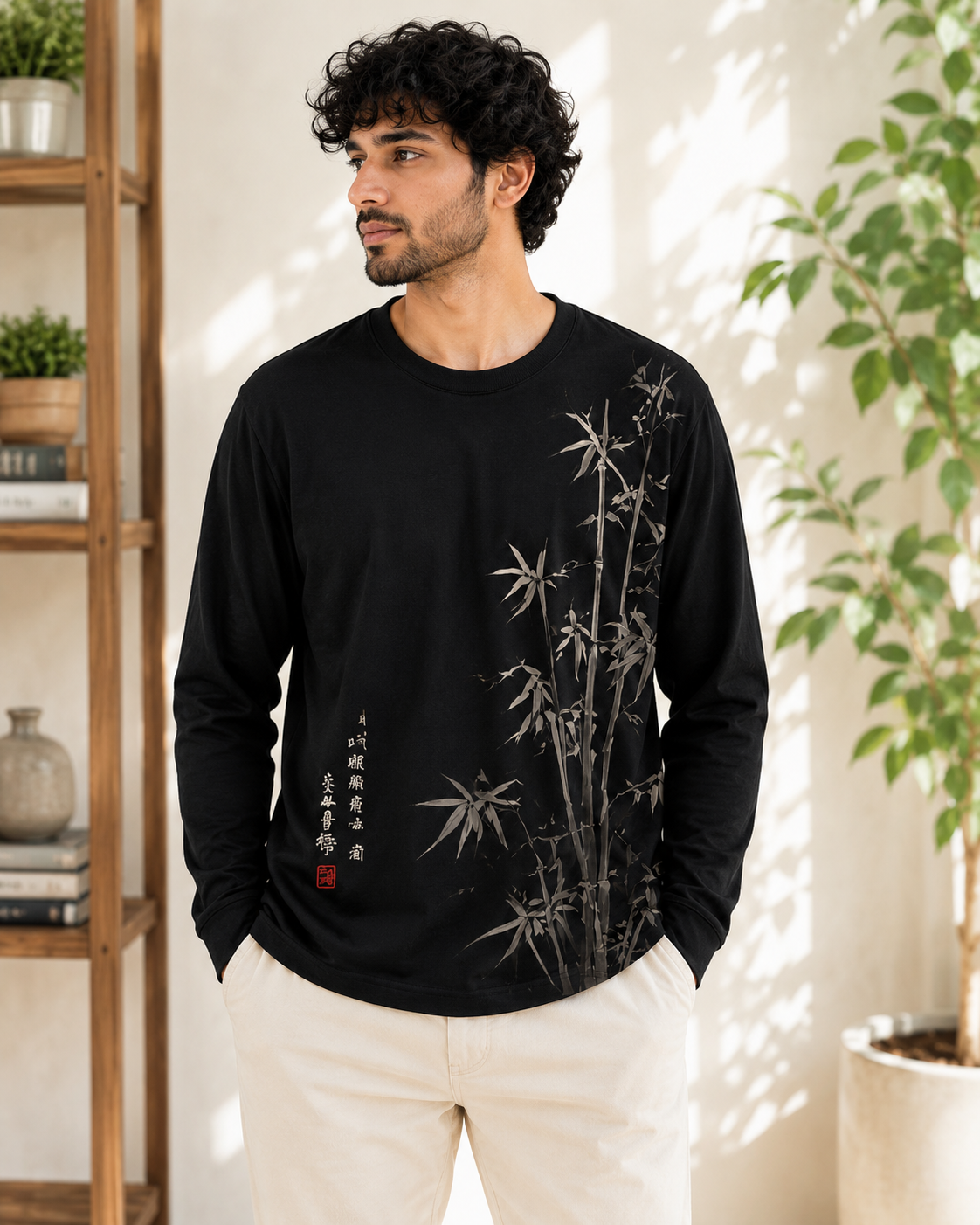 Earthy Bamboo Ink Art Japanese Long Sleeve T-Shirt