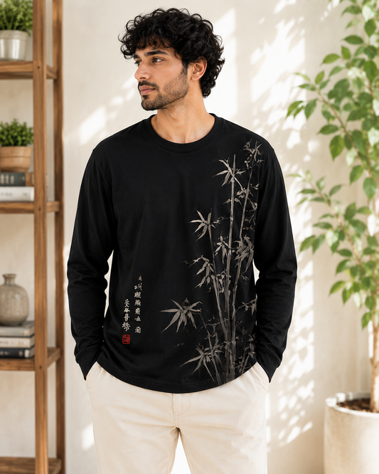 Earthy Bamboo Ink Art Japanese Long Sleeve T-Shirt