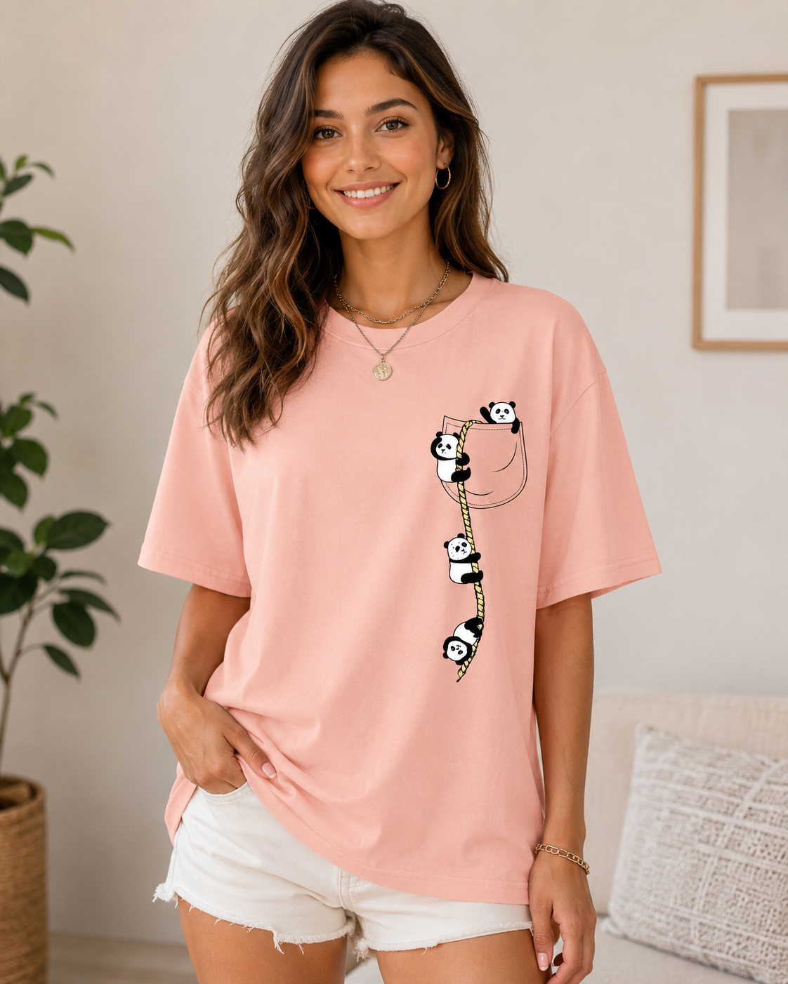 Panda Pocket Escape Oversized T-Shirt – Baby Pink