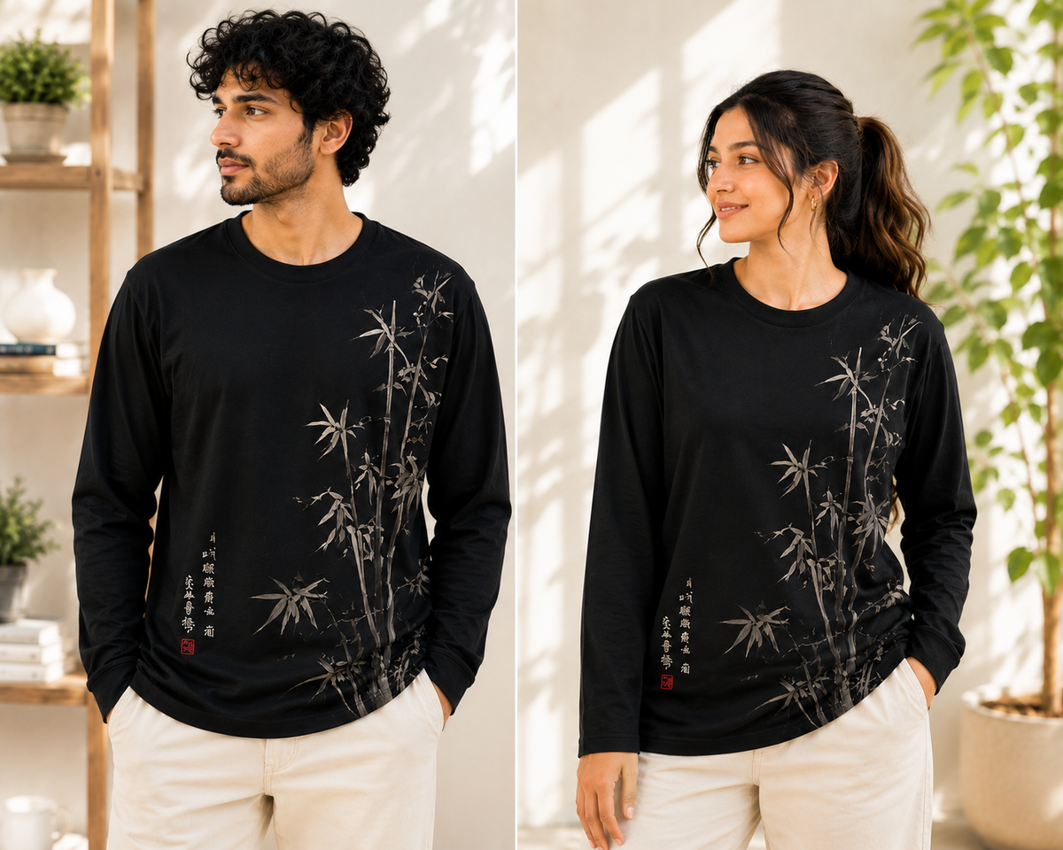 Earthy Bamboo Ink Art Japanese Long Sleeve T-Shirt