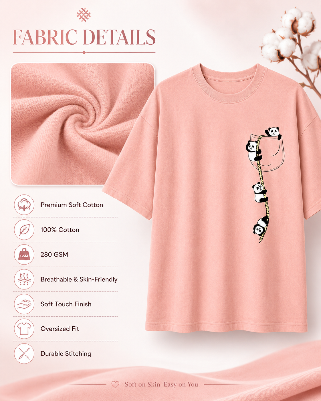 Panda Pocket Escape Oversized T-Shirt – Baby Pink