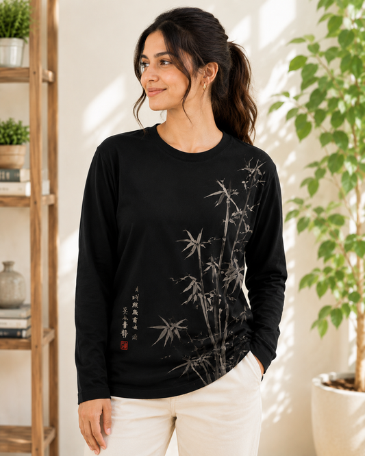 Earthy Bamboo Ink Art Japanese Long Sleeve T-Shirt