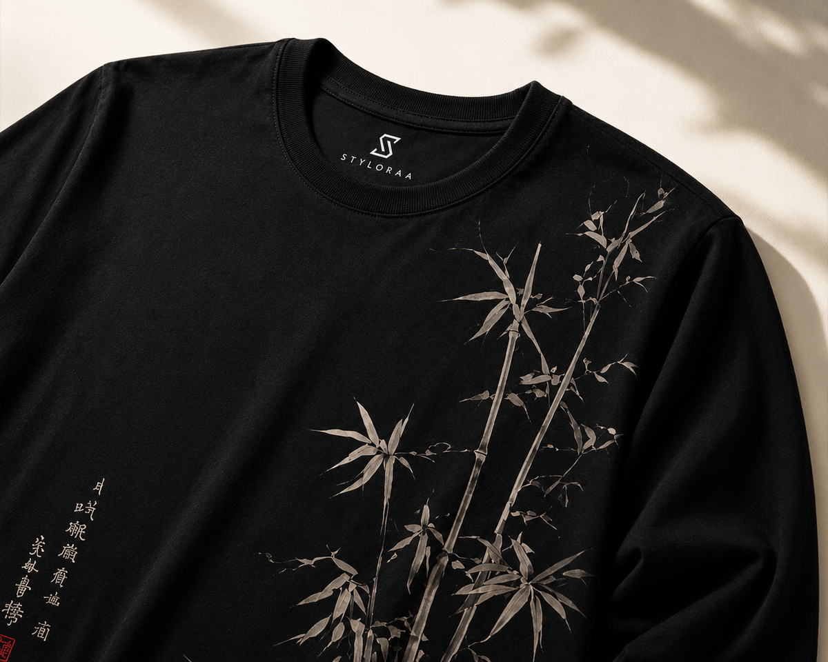 Earthy Bamboo Ink Art Japanese Long Sleeve T-Shirt