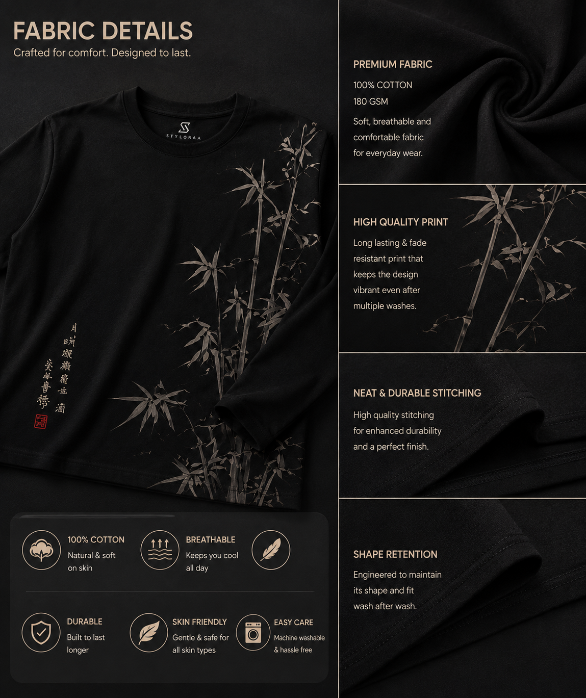 Earthy Bamboo Ink Art Japanese Long Sleeve T-Shirt