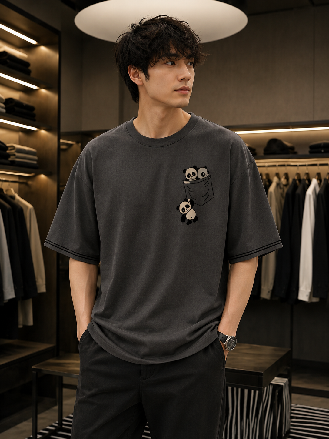 Cute Panda Pocket Print T shirt