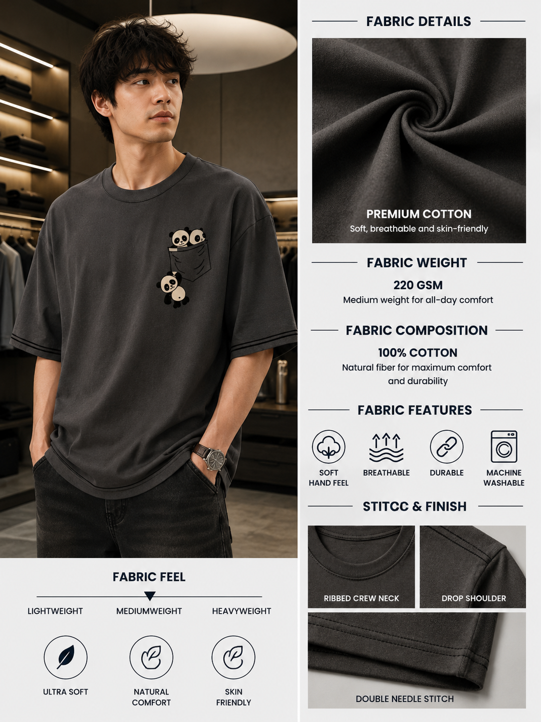 Cute Panda Pocket Print T shirt