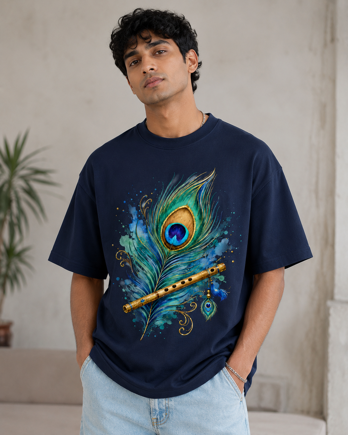Styloraa Navy Blue Oversized Krishna Feather Graphic T-Shirt