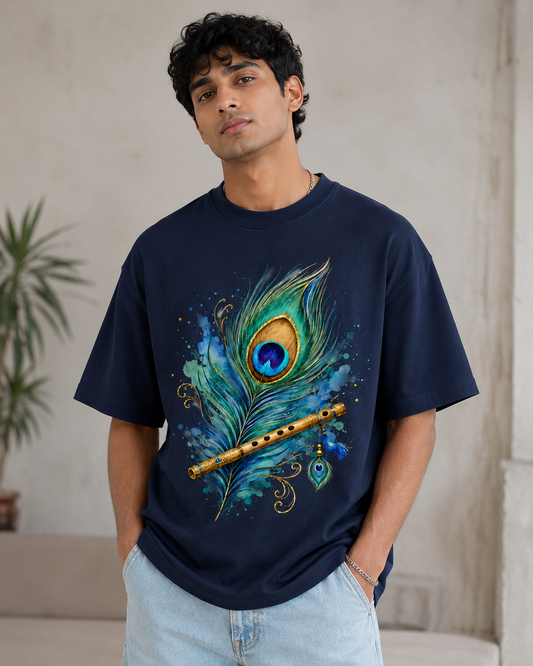 Styloraa Navy Blue Oversized Krishna Feather Graphic T-Shirt