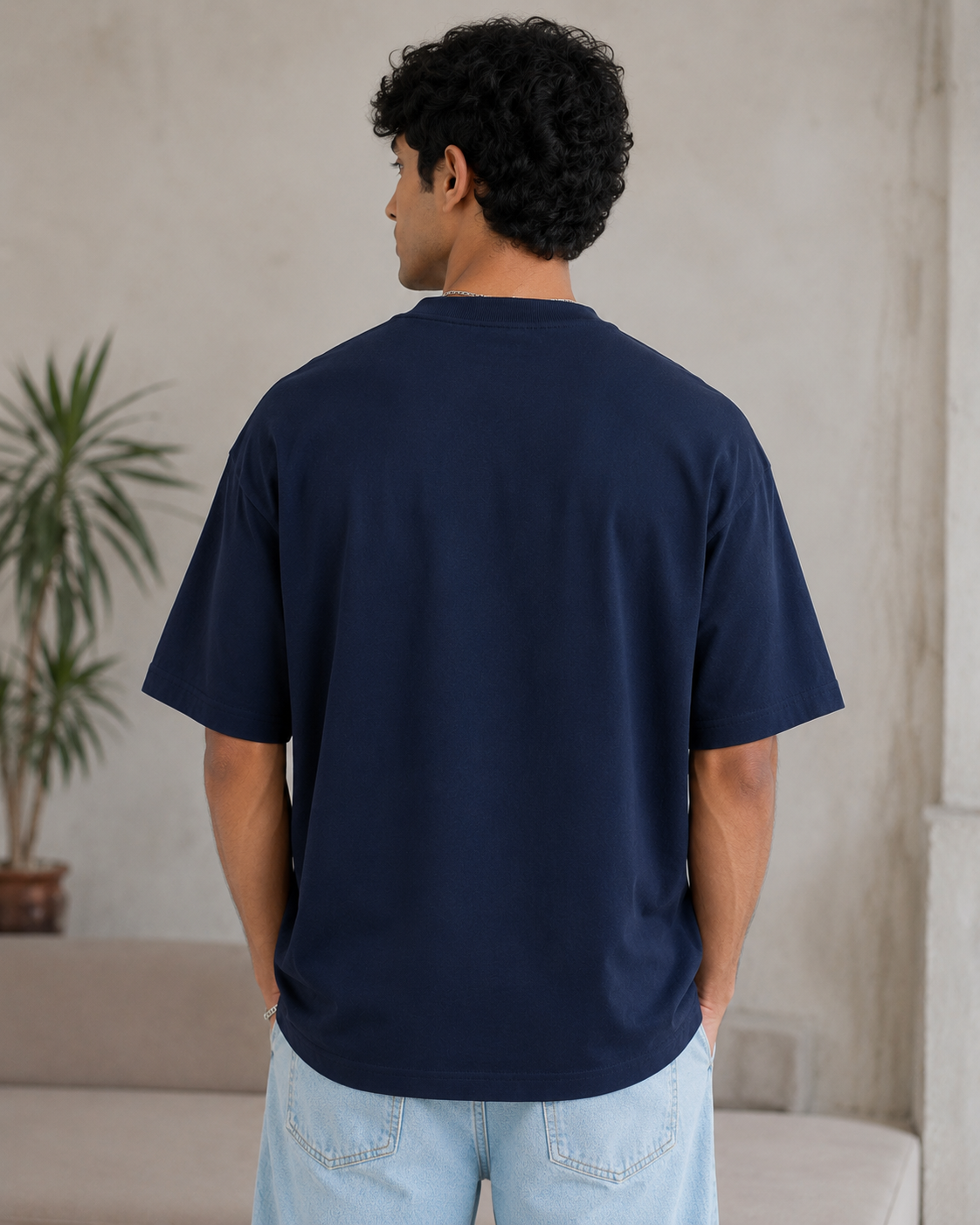 Styloraa Navy Blue Oversized Krishna Feather Graphic T-Shirt