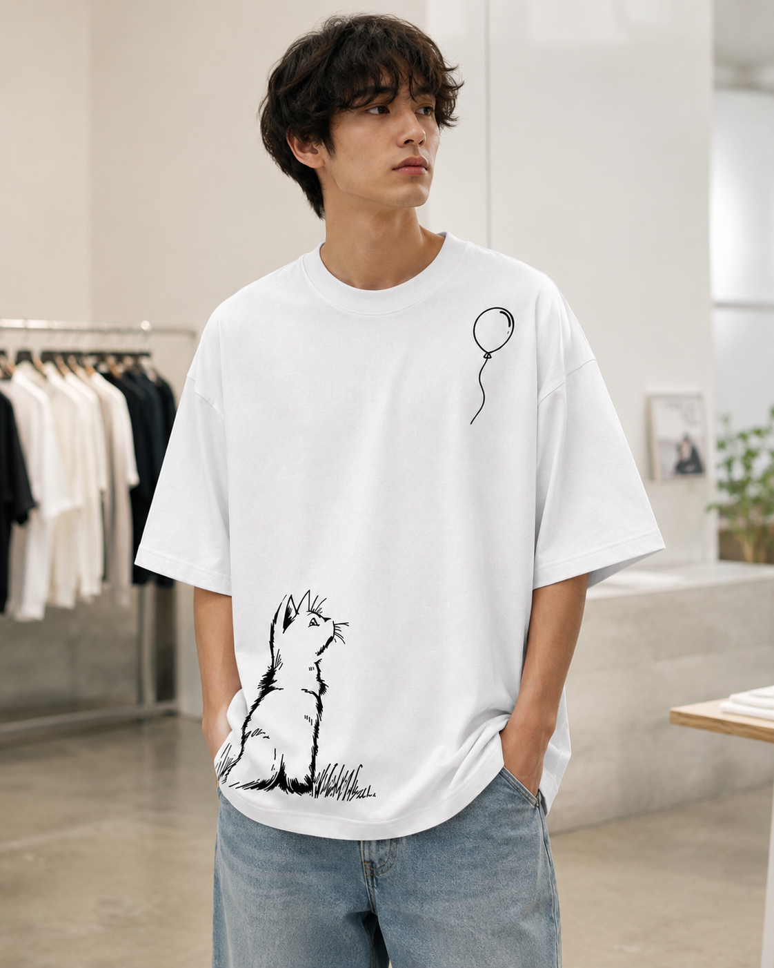 Styloraa White Oversized Cat Balloon Graphic T-Shirt