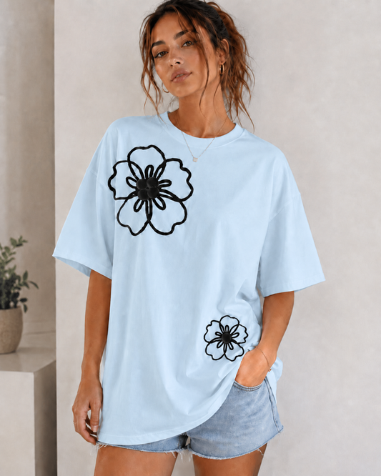Styloraa Baby Sky Blue Oversized Flower Print T-Shirt