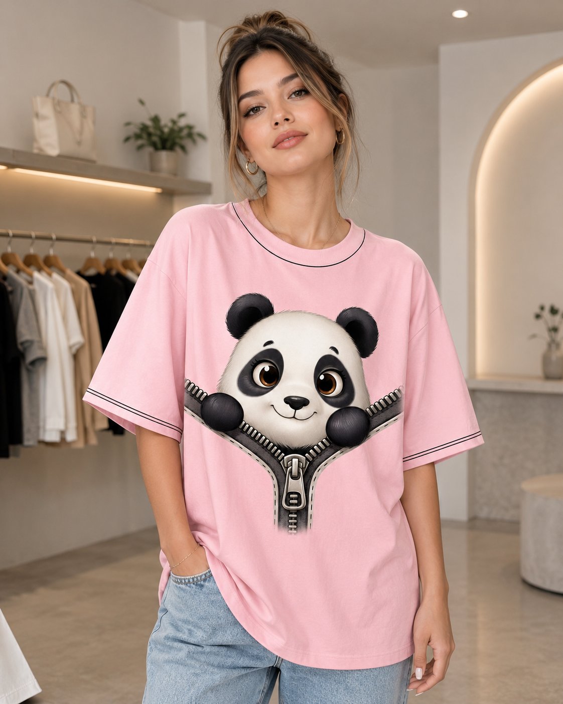 Baby Pink Panda Zipper Oversized T-Shirt