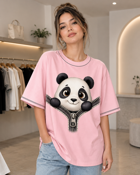 Baby Pink Panda Zipper Oversized T-Shirt