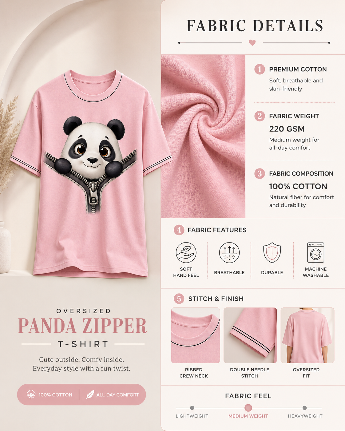 Baby Pink Panda Zipper Oversized T-Shirt