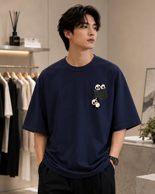 Navy Blue Panda Pocket Oversized T-Shirt