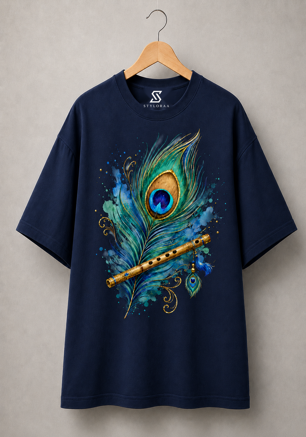Styloraa Navy Blue Oversized Krishna Feather Graphic T-Shirt
