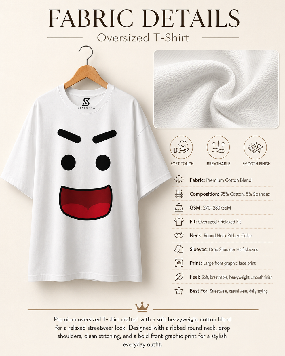 White Smiley Graphic Oversized T-Shirt
