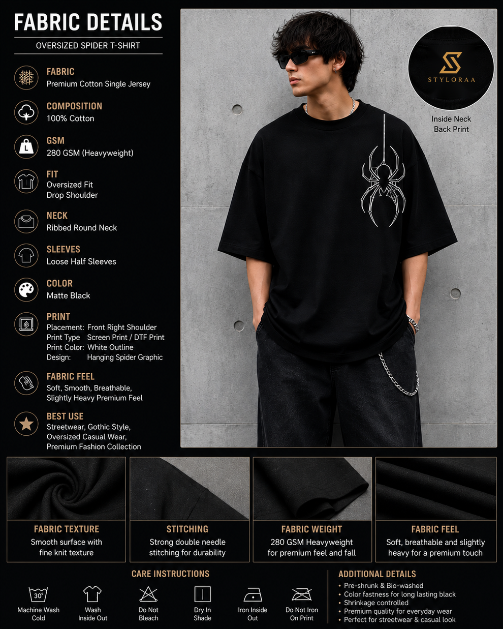 Styloraa Matte Black Spider T Shirt